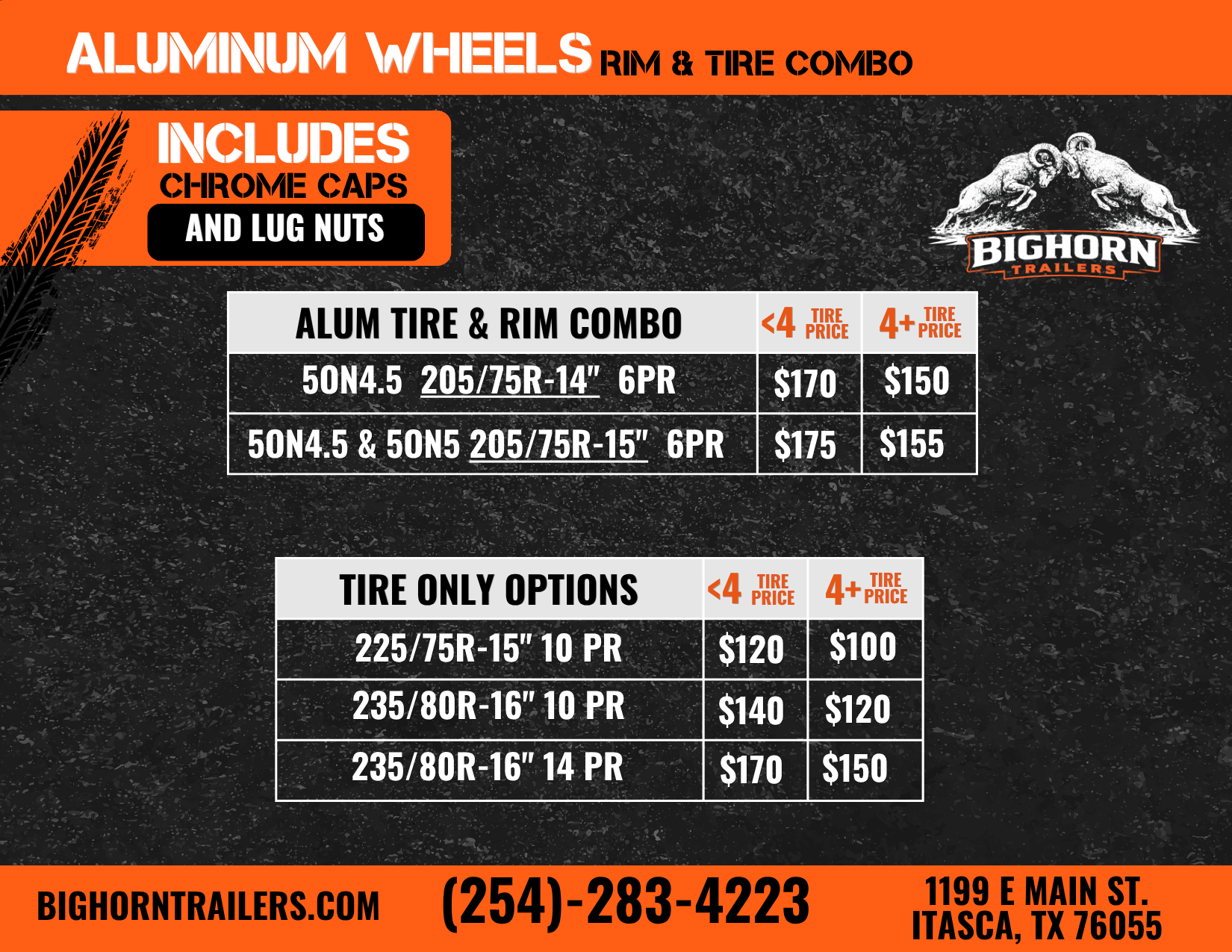 BigHorn Trailers aluminum wheel and tire-only pricing